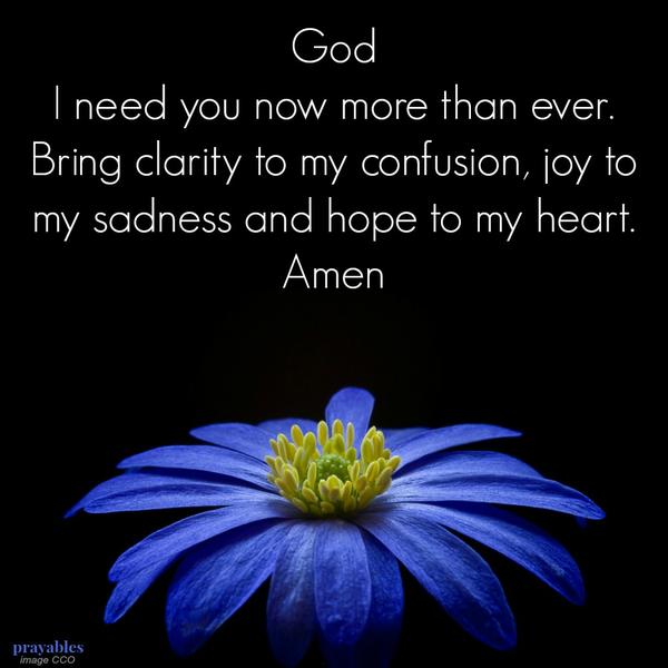 God, I need you now more than ever. Bring clarity to my confusion, joy to my sadness and hope to my heart. Amen