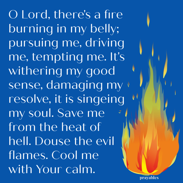 O Lord, there’s a fire burning in my belly; pursuing me, driving me, tempting me. It’s withering my good sense, damaging my resolve, it is singeing my soul. Save me from the heat of hell. Douse the evil flames. Cool me with Your calm.