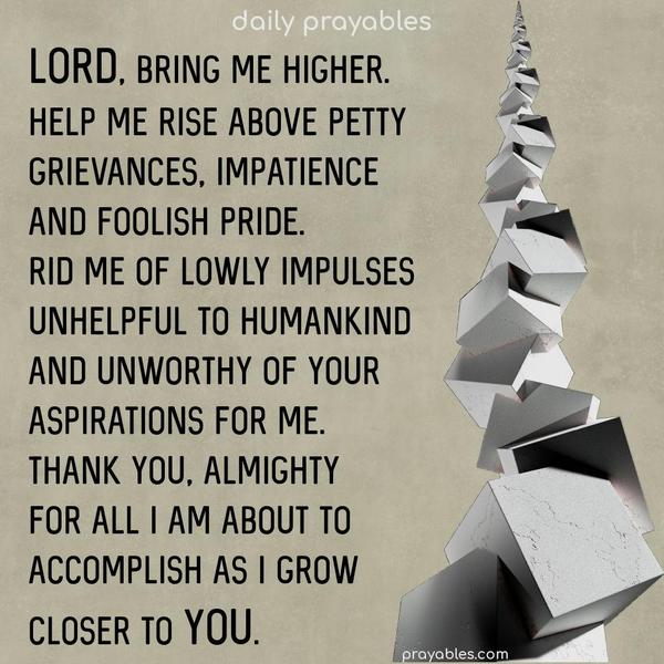 Lord, Bring me higher. Help me rise above petty grievances, impatience, and foolish pride. Rid me of lowly impulses unhelpful to humankind and unworthy of Your aspirations for me. Thank You, Almighty, for all I am about to accomplish as I grow closer to You.