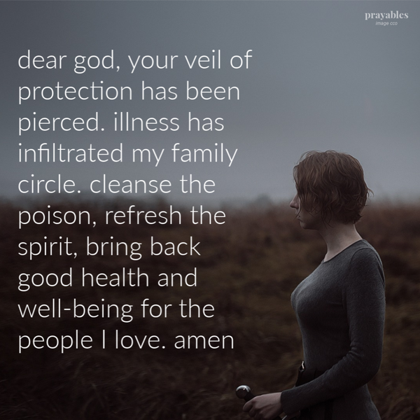 Dear God, Your veil of protection has been pierced. Illness has infiltrated my family circle. Cleanse the poison, refresh the spirit, bring back good health and well-being for the people I love. amen