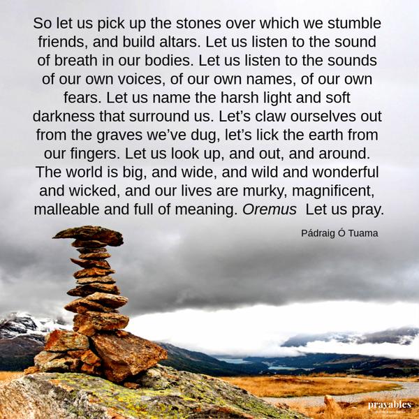 Oremus So let us pick up the stones over which we stumble friends, and build altars. Let us listen to the sound of breath in our bodies. Let us listen to the sounds of our
own voices, of our own names, of our own fears. Let us name the harsh light and soft darkness that surround us. Let’s claw ourselves out from the graves we’ve dug, let’s lick the earth from our fingers. Let us look up, and out, and around. The world is big, and wide, and wild and wonderful and wicked, and our lives are murky, magnificent, malleable and full of meaning. Oremus Let us pray. Padraig O Tuama