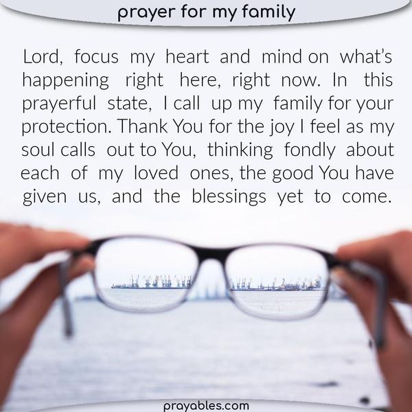 Lord, focus my heart and mind on what’s happening right here, right now. In this prayerful state, I call up my family for your protection. Thank You for the joy I feel as my
soul calls out to You, thinking fondly about each of my loved ones, the good You have given us, and the blessings yet to come.