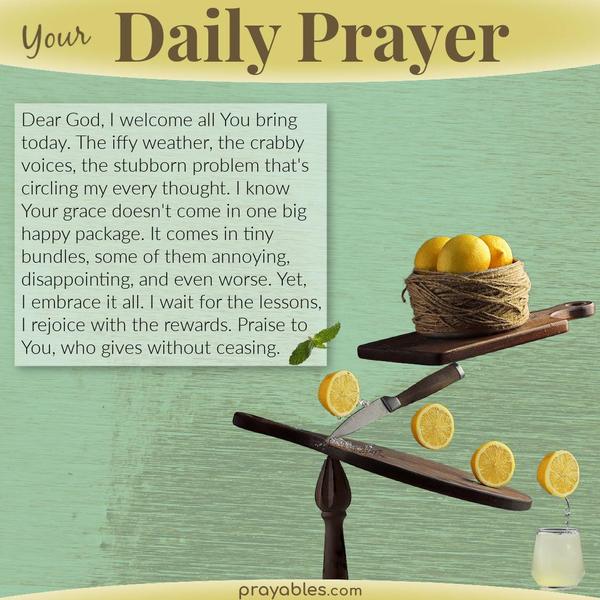 Dear God, I welcome all You bring today. The iffy weather, the crabby voices, the stubborn problem that's circling my every thought. I know
Your grace doesn't come in one big happy package. It comes in tiny bundles, some of them annoying, disappointing, and even worse. Yet, I embrace it all. I wait for the lessons, I rejoice with the rewards. I praise You, who gives without ceasing.