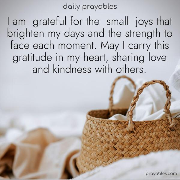 I am grateful for the small joys that brighten my days and the strength to face each moment. May I carry this gratitude in my heart, sharing kindness and love with others.