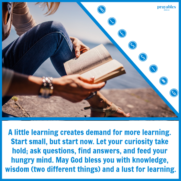 A little learning creates demand for more learning. Start small, but start now. Let your curiosity take hold; ask questions, find answers, and feed your hungry mind. May God bless you with knowledge, wisdom (two different things) and a lust for learning.