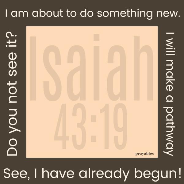 Isaiah 43:19 I am about to do something new. Do you not see it? I will make new pathways. See I have already begun!