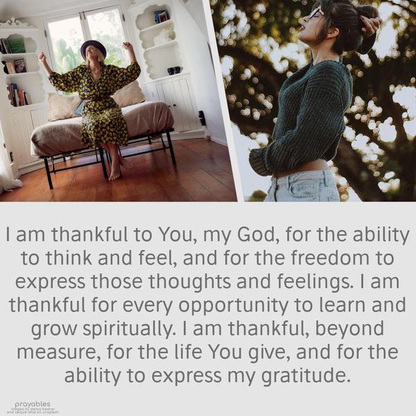 I am thankful to You, my God, for the ability to think and feel and for the freedom to express those thoughts and feelings. I am thankful for every opportunity to learn and grow
spiritually. I am thankful, beyond measure, for the life You give and for the ability to express my gratitude.