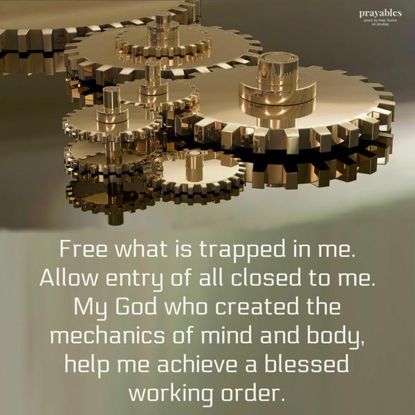 Free what is trapped inside me. Allow entry of all closed to me. My God who created the mechanics of mind and body, help me
achieve a blessed working order