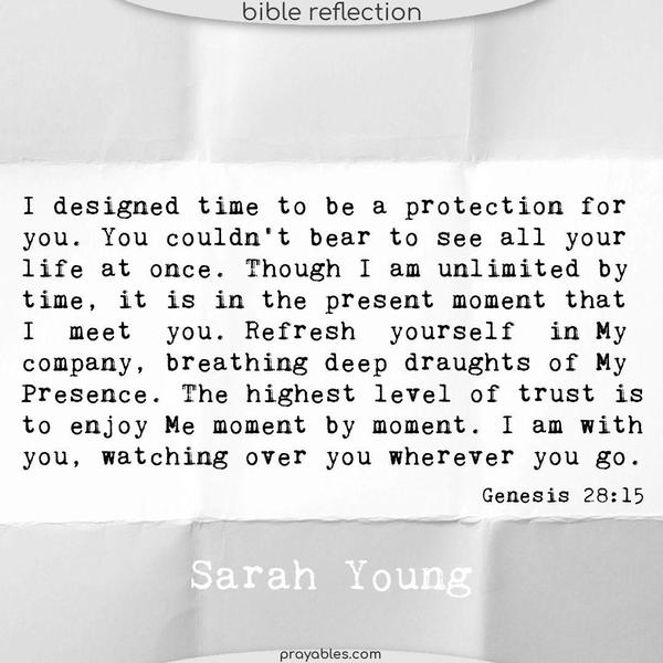 Genesis 28:15 I designed time to be a protection for you. You couldn’t bear to see all your life at once. Though I am unlimited by time, it is in the present moment that I meet you. Refresh yourself in My company, breathing deep draughts of My Presence. The highest level of trust is to enjoy Me moment by moment. I am with you, watching over you wherever you
go. Sarah Young 