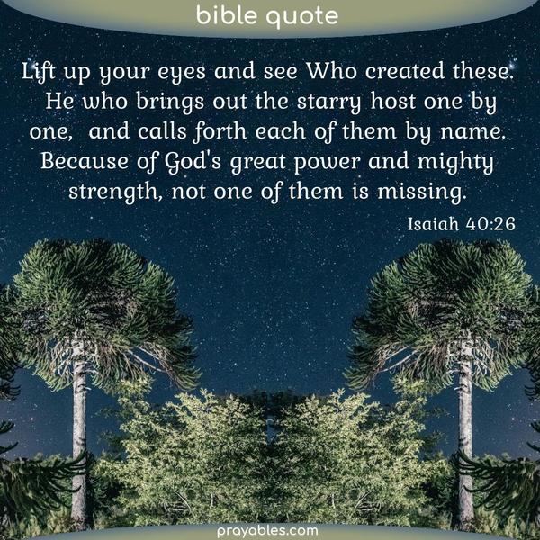 Isaiah 40:26 Lift up your eyes and see Who created these. He who brings out the starry host one by one,  and calls forth each of
them by name. Because of God's great power and mighty strength, not one of them is missing.