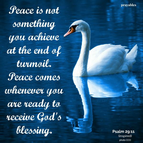 Psalm 29:11 (inspired) Peace is not something you achieve at the end of turmoil. Peace comes whenever you are ready to receive God’s blessing.