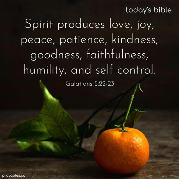 Spirit produces love, joy, peace, patience, kindness, goodness, faithfulness, humility, and self-control. Galatians 5:22-23