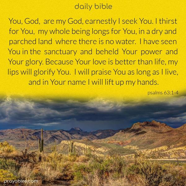 You, God, are my God, earnestly I seek You. I thirst for You, my whole being longs for You, in a dry and parched land where there is no water. I have seen You in the sanctuary and beheld Your power and Your glory. Because Your love is better than life, my lips will glorify You.
 I will praise You as long as I live,  and in Your name I will lift up my hands. Psalms 63:1-4