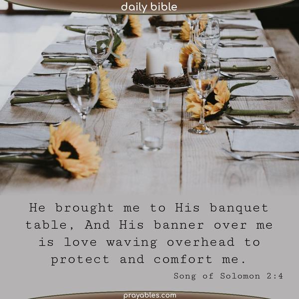 Song of Solomon 2:4 He brought me to His banquet table, And His banner over me is love waving overhead to protect and comfort me.