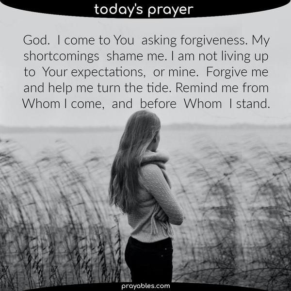 God. I come to You asking forgiveness. My shortcomings shame me. I am not living up to Your expectations, or mine. Forgive me and help me turn
the tide. Remind me from Whom I come, and before Whom I stand.