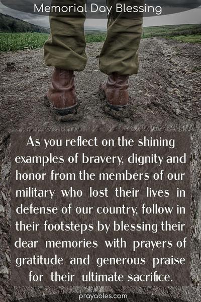 As you reflect on the shining examples of bravery, dignity and honor from the members of our military  who  lost  their  lives  in defense of our country,
follow in their footsteps by blessing their dear  memories  with  prayers of gratitude  and  generous  praise for  their  ultimate sacrifice.