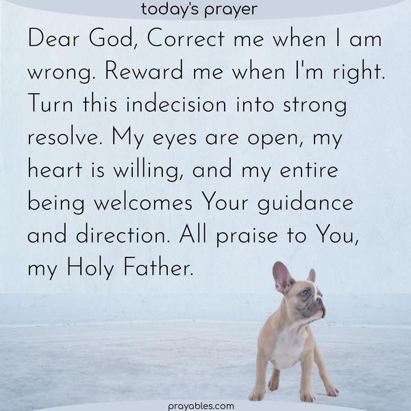 Dear God, Correct me when I am wrong. Reward me when I'm right. Turn this indecision into strong resolve. My eyes are open, my heart is willing, and my entire being welcomes Your guidance and direction. All praise to You, my Holy Father.