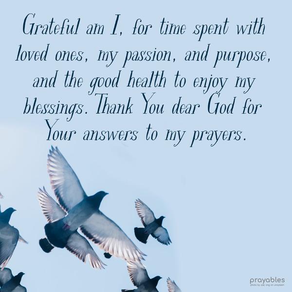 Grateful am I, for time spent with loved ones, my passion, and purpose, and the good health to enjoy my blessings. Thank You dear God for Your answers to my prayers.