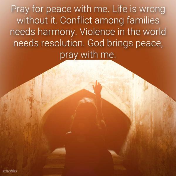 Pray for peace with me. Life is wrong without it. Conflict among families needs harmony. Violence in the world needs resolution. God brings peace, pray with me.