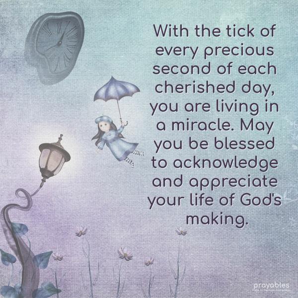 With the tick of every precious second of each cherished day, you are living in a miracle. May you be blessed to acknowledge and appreciate your life of God’s making.