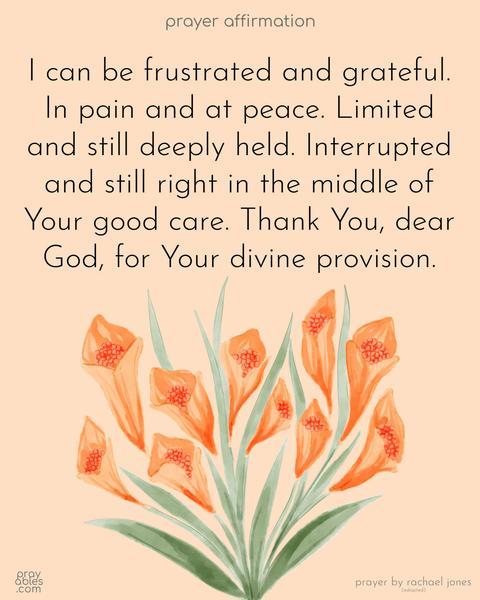 I can be frustrated and grateful. In pain and at peace. Limited and still deeply held. Interrupted and still right in the middle of Your good care. Thank You, dear God, for Your divine provision. inspired by Rachael Jones