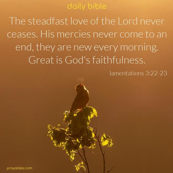 The steadfast love of the Lord never ceases. His mercies never come to an end, they are new every morning. Great is God’s faithfulness. Lamentations 3:22-23