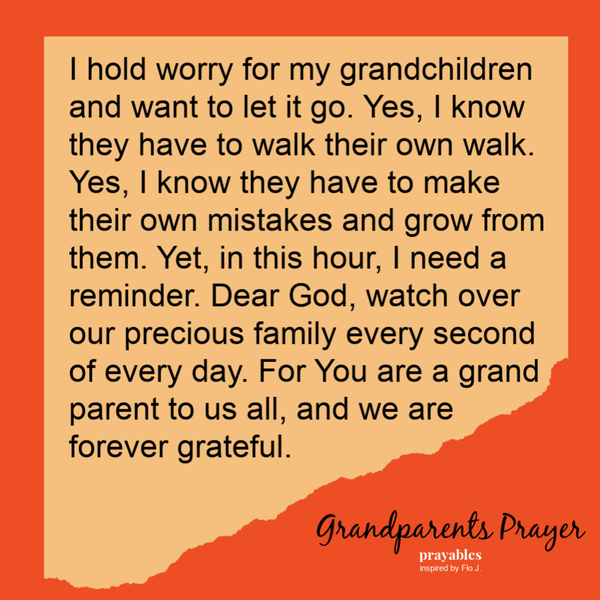 I hold worry for my grandchildren and want to let it go. Yes, I know they have to walk their own walk. Yes, I know they have to
make their own mistakes and grow from them. Yet, in this hour, I need a reminder. Dear God, watch over our precious family every second of every day. For You are a grand Parent to us all, and we are forever grateful. inspired by Flo J.