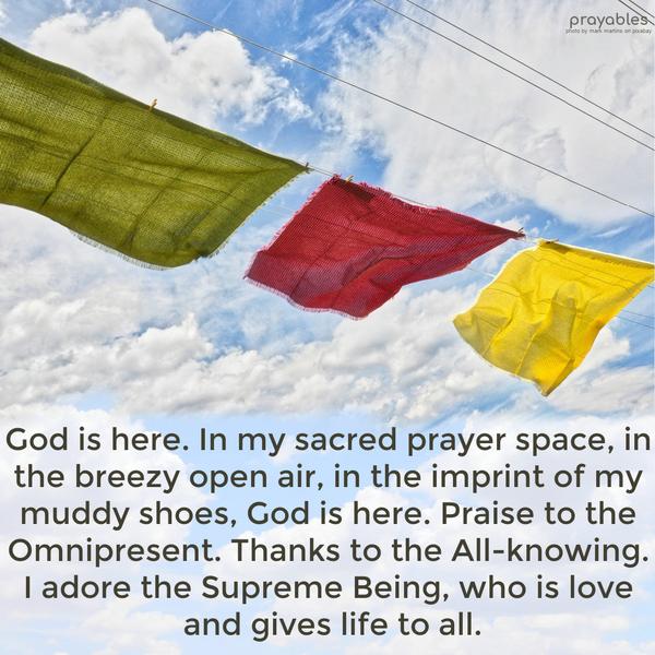 God is here. In my sacred prayer space, in the breezy open air, in the imprint of my muddy shoes, God is here. Praise to the Omnipresent. Thanks to the
All-knowing. I adore the Supreme Being, who is love and gives life to all.