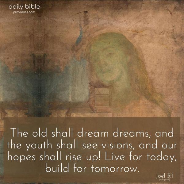 The old shall dream dreams, and the youth shall see visions, and our hopes shall rise up! Live for today, build for tomorrow. Joel 3:1 (adapted)