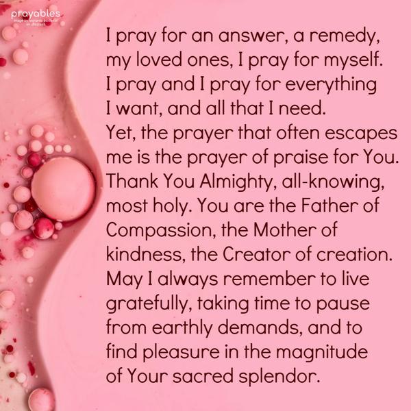 I pray for an answer, a remedy,  my loved ones, I pray for myself.  I pray and I pray for everything I want, and all that I need.  Yet, the
prayer that often escapes me is the prayer of praise for You.Thank You Almighty, all knowing, most holy. You are the Father of Compassion, the Mother of kindness, the Creator of creation. May I always remember to live gratefully, taking time to pause from earthly demands, and to  find pleasure in the magnitude  of Your sacred splendor.