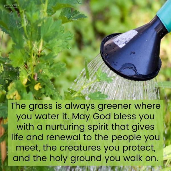 The grass is always greener where you water it. May God bless you with a nurturing spirit that gives life and renewal to the people you meet, the creatures you protect, and the holy ground
you walk on.