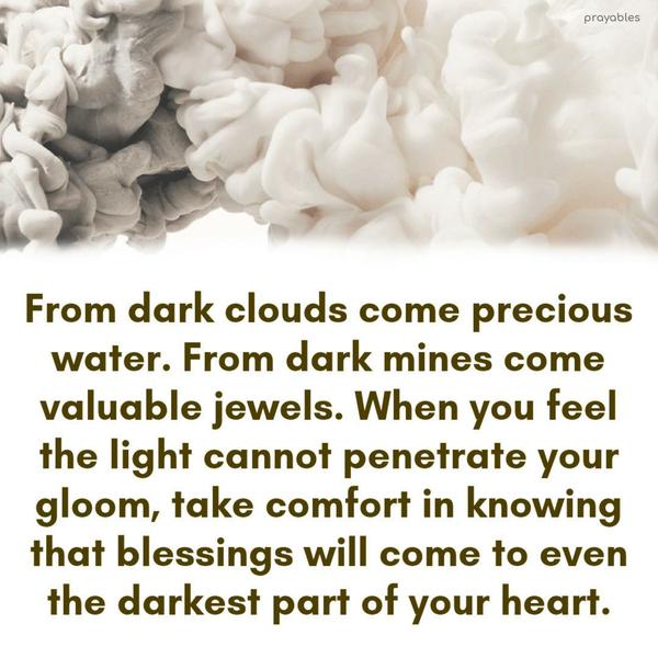 From dark clouds come precious water. From dark mines come valuable jewels. When you feel the light cannot penetrate your gloom, take comfort in knowing that blessings will come to even
the darkest part of your heart