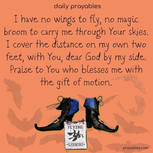 I have no wings to fly, no magic broom to carry me through Your skies. I cover the distance on my own two feet, with You, dear God by my side. Praise to You, who blesses me with the gift of motion.