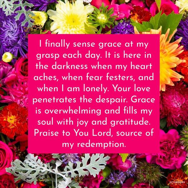 I finally sense grace at my grasp each day. It is here in the darkness when my heart aches, when fear festers, and when I am lonely. Your love penetrates
the despair. Grace is overwhelming and fills my soul with joy and gratitude. Praise to You Lord, source of my redemption.