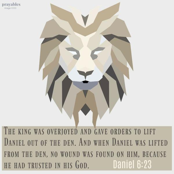 Daniel 6:23 The king was overjoyed and gave orders to lift Daniel out of the den. And when Daniel was lifted from the den, no wound was found on him, because he had trusted in his God.