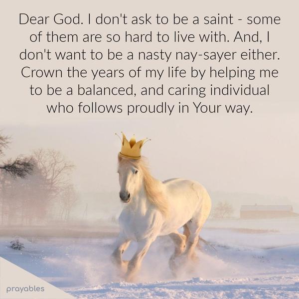 Dear God, I don’t ask to be a saint – some of them are so hard to live with. And, I don’t want to be a nasty nay-sayer either. Crown the years of my life by helping me to be a balanced,
and caring individual, following proudly in Your way.