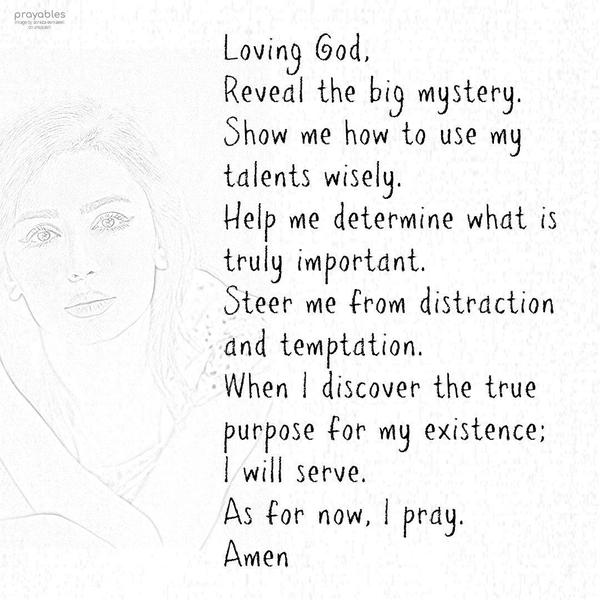 Loving God, Reveal the big mystery. Show me how to use my talents wisely. Help me determine what is truly important. Steer me from distraction and temptation. When I discover the true
purpose for my existence; I will serve. As for now, I pray.  Amen