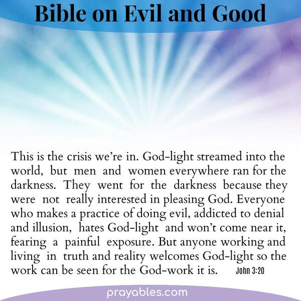 This is the crisis we’re in. God-light streamed into the world, but men and women everywhere ran for the darkness. They went for the darkness because they were not really
interested in pleasing God. Everyone who makes a practice of doing evil, is addicted to denial and illusion, hates God-light, and won’t come near it, fearing a painful exposure. But anyone working and living in truth and reality welcomes God-light so the work can be seen for the God-work it is.