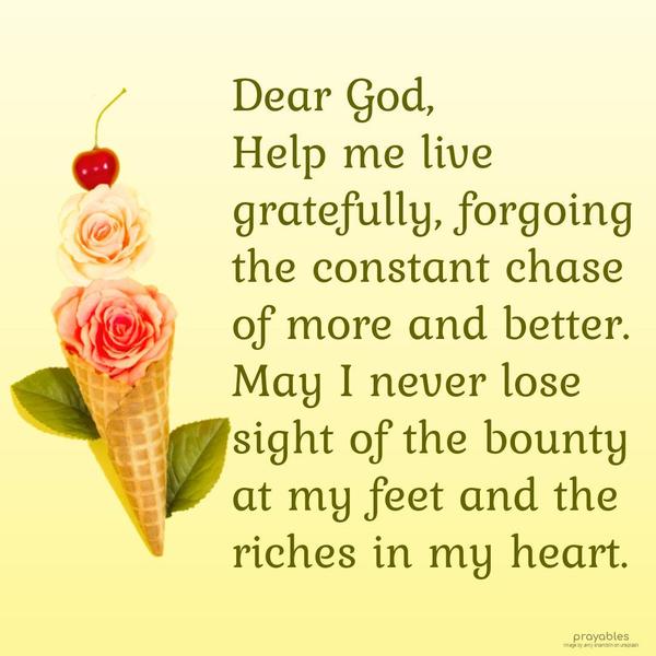 Dear God, help me live gratefully, forgoing the constant chase of more and better. May I never lose sight of the bounty at my feet and the riches in my
heart.