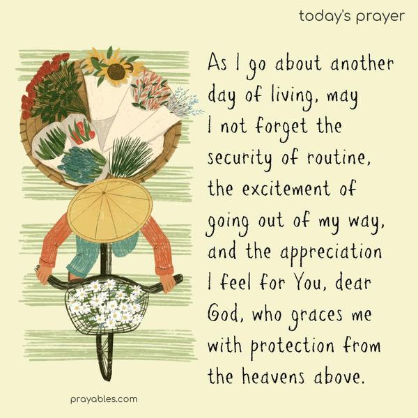As I go about another day of living, may I not forget the security of routine, the excitement of going out of my way, and the appreciation I feel for You, dear God, who graces me with protection from the heavens above.