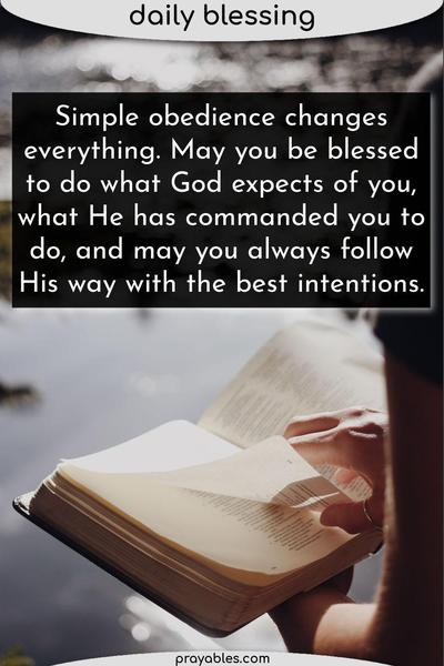 Simple obedience changes everything. May you be blessed to do what God expects of you, what He has commanded you to do, and may you always follow His way with the best
intentions.