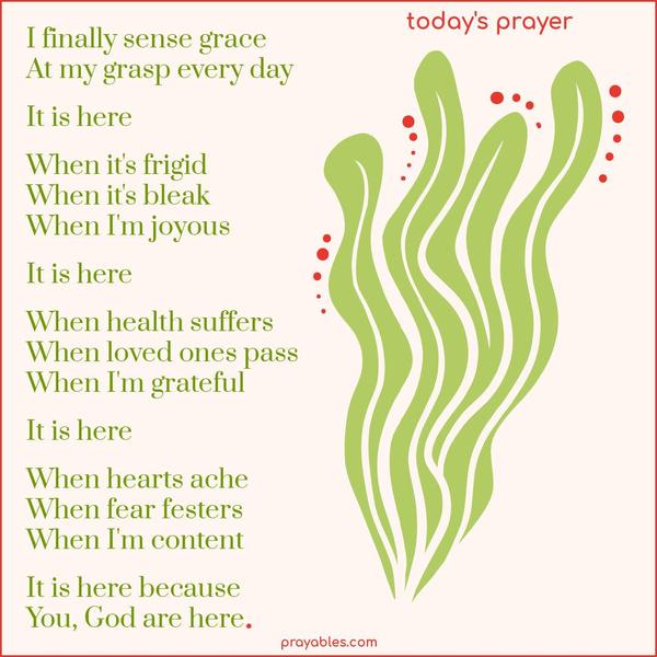 I finally sense the grace that is at my grasp every day. It is here. When it’s frigid, when it’s bleak, when I’m joyous. It is here. When health suffers, when loved ones pass, when I’m grateful. It is here. When hearts ache, when fear festers, when I’m content. It is here. It is here, because You, dear God,
are here.