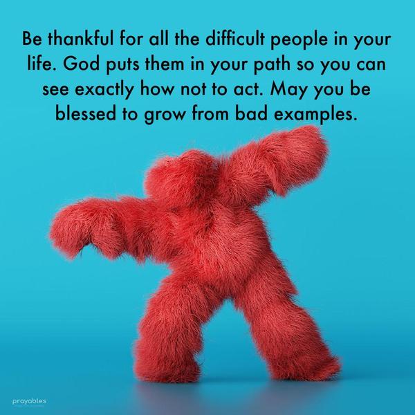 Be thankful for all the difficult people in your life. God puts them in your path so you can see exactly how not to act. May you be blessed to grow from bad examples.