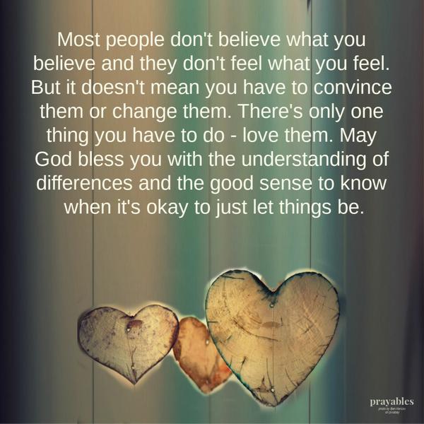 Most people don’t believe what you believe and they don’t feel what you feel. But it doesn’t mean you have to convince them, or
change them. There’s only one thing you have to do – love them. May God bless you with the understanding of differences and the good sense to know when it’s okay to just let things be.