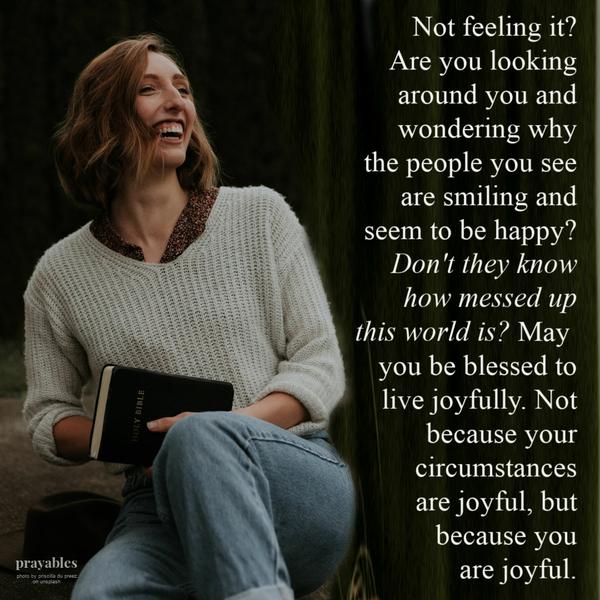 Not feeling it? Are you looking around you and wondering why the people you see are smiling and seem to be happy? Don’t they know
how messed up this world is? May you be blessed to live joyfully. Not because your circumstances are joyful, but because you are joyful.