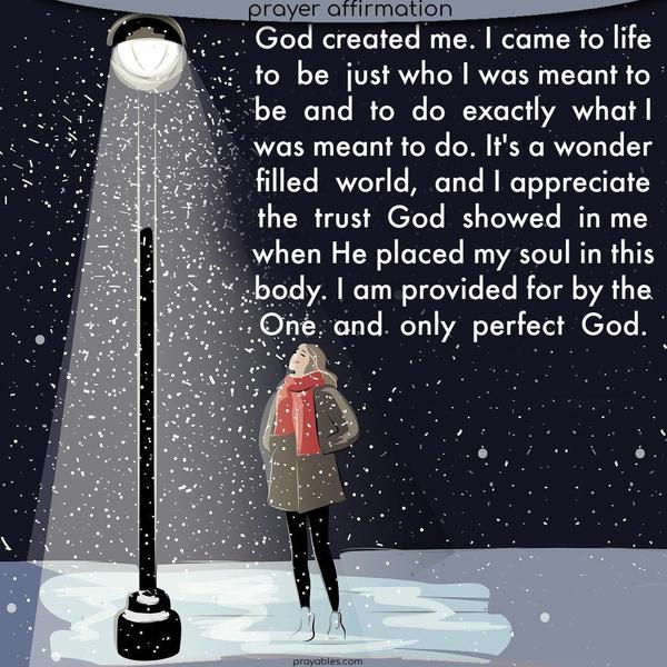 God created me and I am exactly what I was meant to be. I came to life to be just who and what I am and I have a wonderful job to do. All that I need in order to do what I came here to do is provided for me by the One and only perfect God.