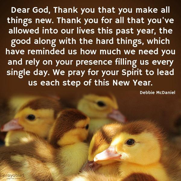 Dear God, Thank you that you make all things new. Thank you for all that you’ve allowed into our lives this past year, the good along with the hard things, which have reminded us how much
we need you and rely on your presence filling us every single day. We pray for your Spirit to lead us each step of this New Year. Debbie McDaniel