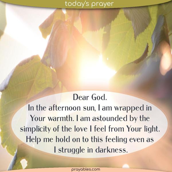 Dear God. In the afternoon sun, I am wrapped in Your warmth. I am astounded by the simplicity of the love I feel from Your light. Help me hold on to this feeling even as  I struggle in darkness.