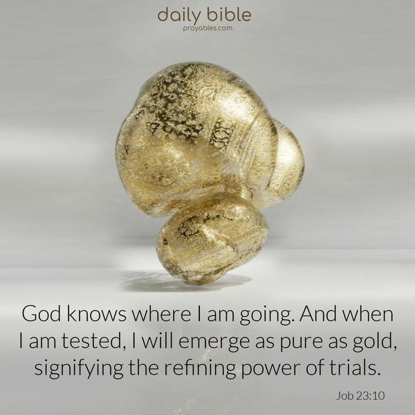 God knows where I am going. And when I am tested, I will emerge as pure as gold, signifying the refining power of trials. Job 23:10