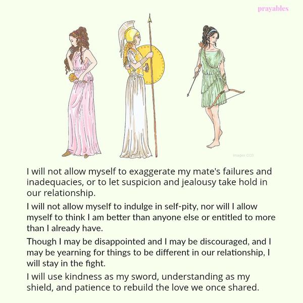 I will not allow myself to exaggerate my mate’s failures and inadequacies, or to let suspicion and jealousy take hold in our relationship. I will not allow myself to indulge in self-pity, nor will I allow myself to think I am better
than anyone else or entitled to more than I already have. Though I may be disappointed and I may be discouraged, and I may be yearning for things to be different in our relationship, I will stay in the fight. I will use kindness as my sword, understanding as my shield, and patience to rebuild the love we once shared.